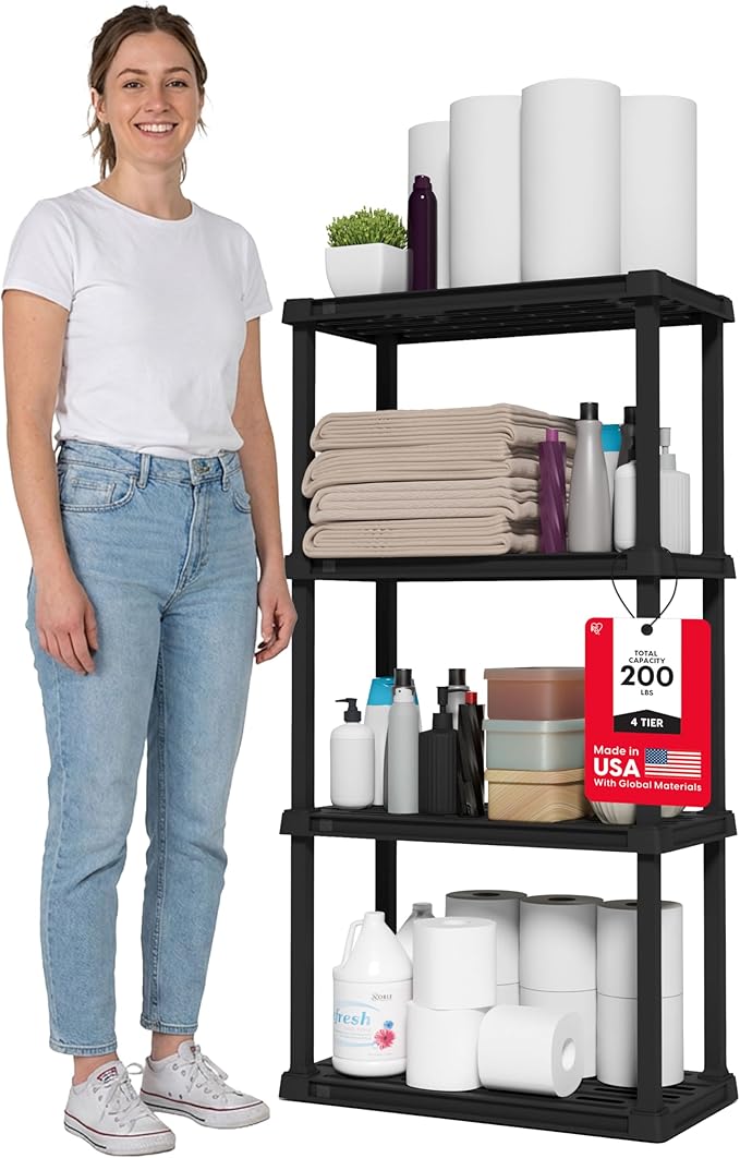 IRIS USA 4-Shelf Light Duty Plastic Storage Shelves, 200lb Capacity, 48" H x 24" W x 12" D, Medium Modular Shelving Unit Storage Organizer for Bathroom, Laundry, Garage & Home, Storage Rack - Black by IRISUSA