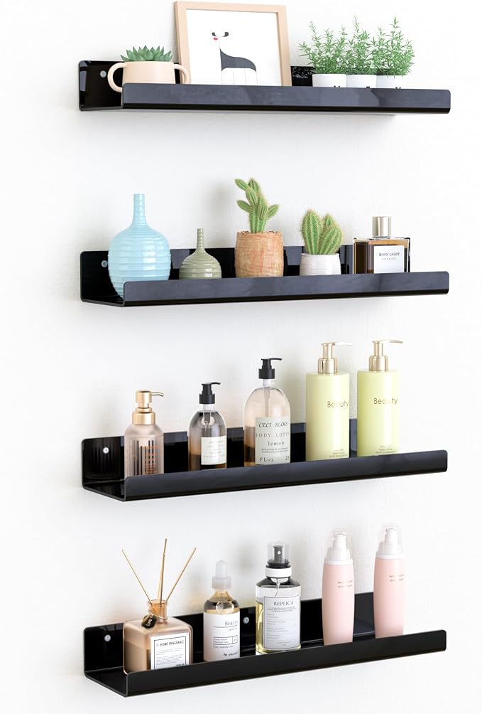upsimples Acrylic Shelves for Wall Decor, 15" Display Shelf Perfume Organizer for Bathroom, Bedroom, Living Room, Floating Bookshelves for Kids, Black, 4 Pack by upsimples