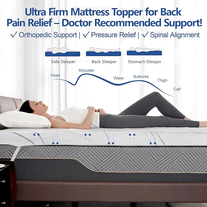 Ultra Firm Mattress Topper Queen Size, 3 Inch Extra Firm Mattress Pad for Pain Relief, High Density Support Bed Topper with Removable & Washable Cover, CertiPUR-US, No Smell