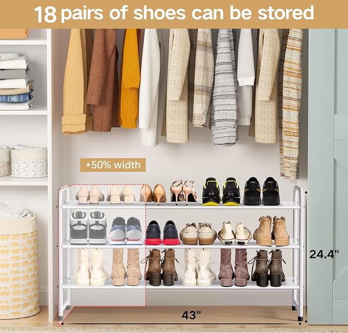 KEETDY 3-Tier Long Shoe Rack for Closet Metal Shoe Organizer for Entryway, Wide Stackable Shoe Storage Shelf with Sturdy Wire Grid for Closet Floor, Bedroom, White - Image 2