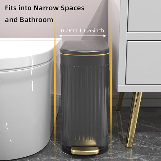 KSSKSS 2.6 Gallon Slim Bathroom Trash Can with Soft Close Lid, 10L Stainless Steel Garbage Can with Removable Liner Bucket, for Narrow Spaces, Bathroom, Bedroom (Gray) - Image 2