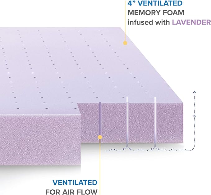 Mellow 4 Inch Ventilated Memory Foam Mattress Topper, Soothing Lavender Infusion, CertiPUR-US Certified, Queen