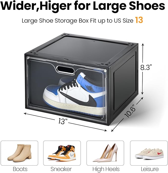 Amllas 8 Pack Shoe Boxes Black Plastic Stackable, Large Shoe Storage Organizer,Drop Side Front Shoe Containers for Entryway,Sneaker Storage Fit up to US Size 13 for Men/Women(13’’x 10.6”x 8.3”) - Image 2