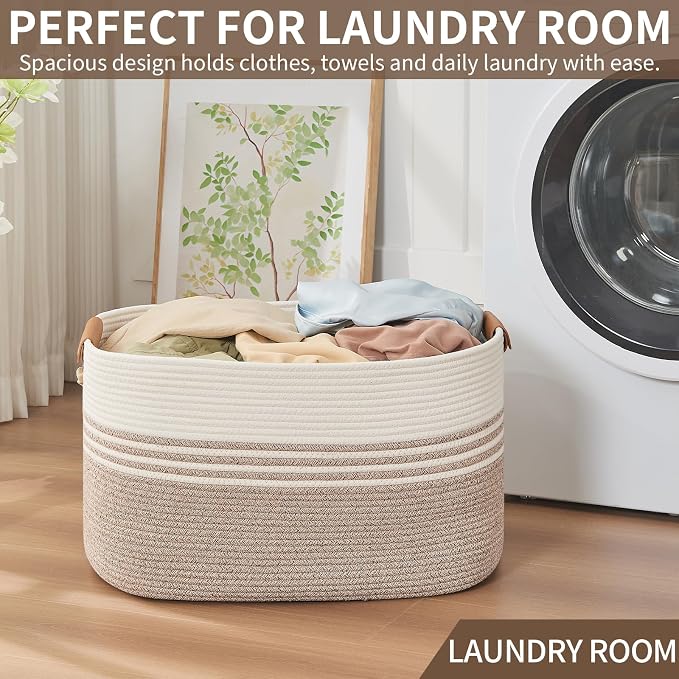 Large Woven Laundry Basket Hamper, 72L Cotton Rope Storage Bin for Blankets, Toys, Clothes, Decorative Nursery Hamper for Living Room, Baby Nursery, Bathroom, Bedroom, Kids Storage, Light Brown - Image 5