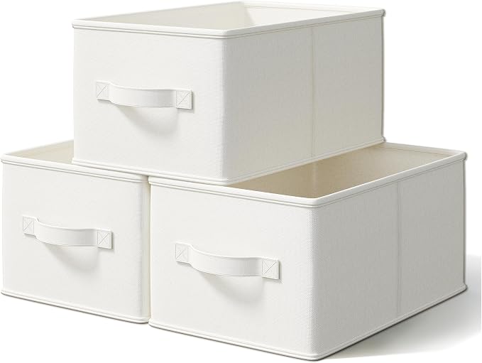 LayerSpace 3 Pack Fabric Storage Bins for Shelves | 16.25x12x10in Closet | Collapsible Bins for Organization | Linen Clothes Storage Bins | White & Ivory by LaySpace-YourRoomOrganizer