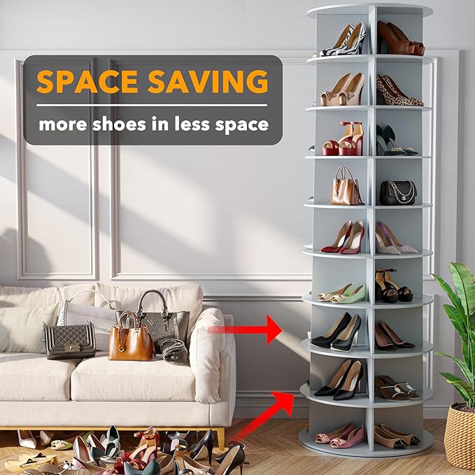 SpaceAid 9 Tier Rotating Shoe Rack Tower, Spinning Shoe Display Lazy Susan, Revolving 360 Shoe Rack Storage Round Carousel, Vertical Handbag Rotate Shoes Closet Organization (9-Tier Gray) - Image 3