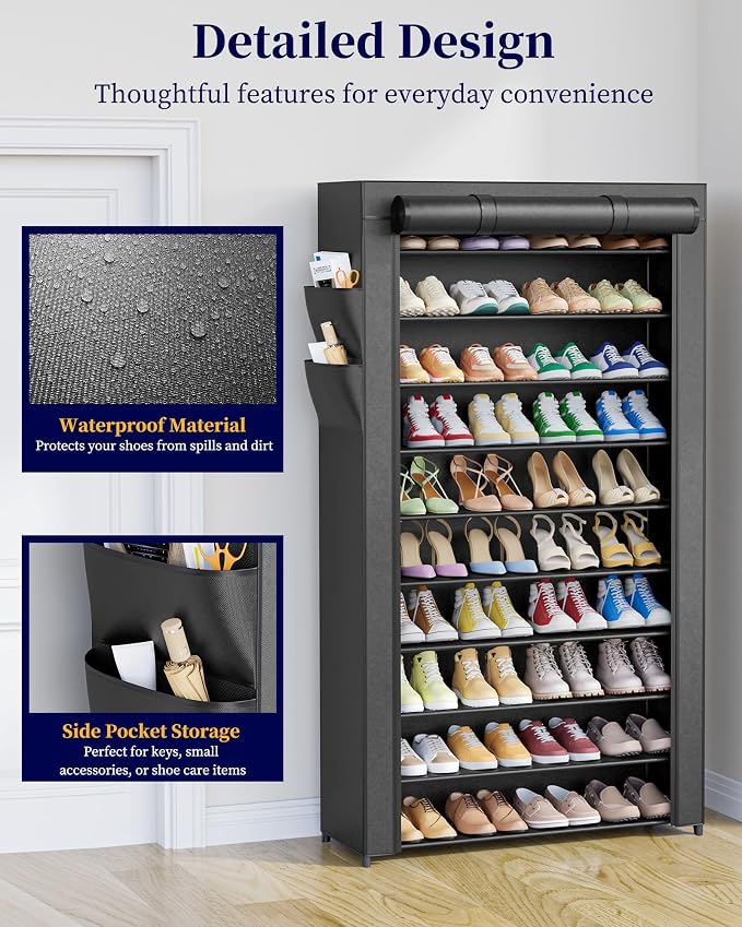 Kitsure Shoe Rack - 10-Tier Shoe Organizer with Zippered Dust Cover & Side Pockets, Easy to Assemble, Space Saving Shoe Rack for Closet, Entryway, Living Room, 33" x 12.4" x 69.3", Black - Image 6