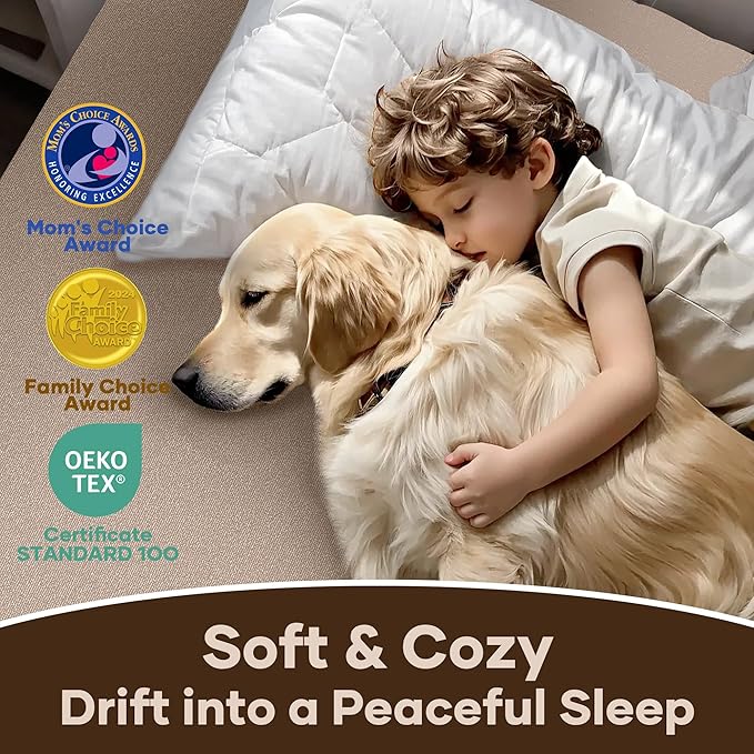 OhGeni 100% Waterproof Mattress Protector, Queen Size Brown, Fitted Sheet with Deep Pockets, 6''-18'', Premium Noiseless Breathable Soft Material, Mattresses Cover for Bed