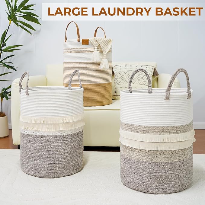 danpinera 79 L Large Laundry Basket, Tall Woven Cotton Storage Hamper with Handles, Dirty Clothes Hamper in Bathroom, Decorative Storage Basket for Living Room White & Brown - Image 8