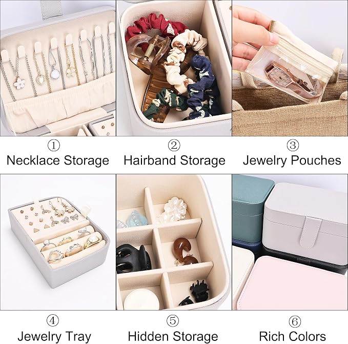 2 Layer Portable Jewelry Box, Large Jewelry Travel Case with 4 Jewelry Pouches, Medium Size Jewelry Organizer Box for Earrings, Necklaces, Bracelets (light gray) - Image 3