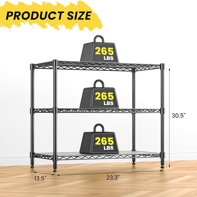 3-Tier Storage Shelves 795LBS Metal Shelving Unit, Adjustable Wire Rack Small Shelf Organizer with Shelf Liners for Kitchen Pantry Office Closet Garage 24" W x 14" D x 30.5" H Black - Image 3