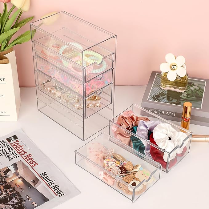Hipiwe 5-Drawers Plastic Storage Organizer, Clear Hair Accessories Organizer with Large Capacity for Bathroom, Dresser, Cosmetic Hair Tie Container for Girls Women - Image 2