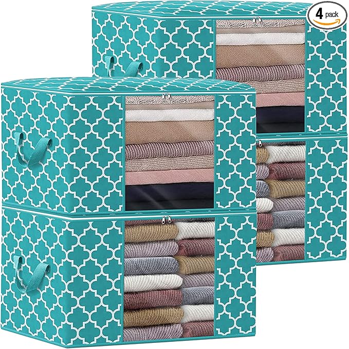 WISELIFE Storage Bags 100L 4-Pack Large Blanket Clothes Organization and Storage Containers for Bedding, Comforters, Foldable Organizer with Reinforced Handle, Clear Window, Sturdy Zippers,Green
