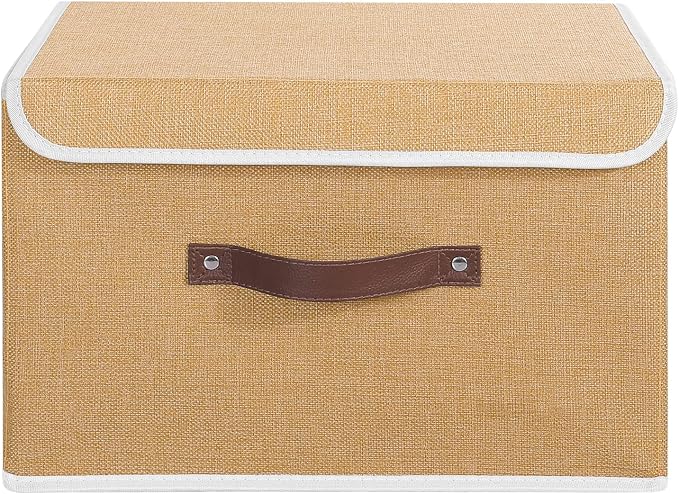 ANMINY Storage Bin with Lid Storage Boxes with PU Leather Handles PP Plastic Board Decorative Foldable Lidded Cotton Linen Fabric Home Cubes Baskets Closet Organizer Container - Khaki, Large Size - Image 2