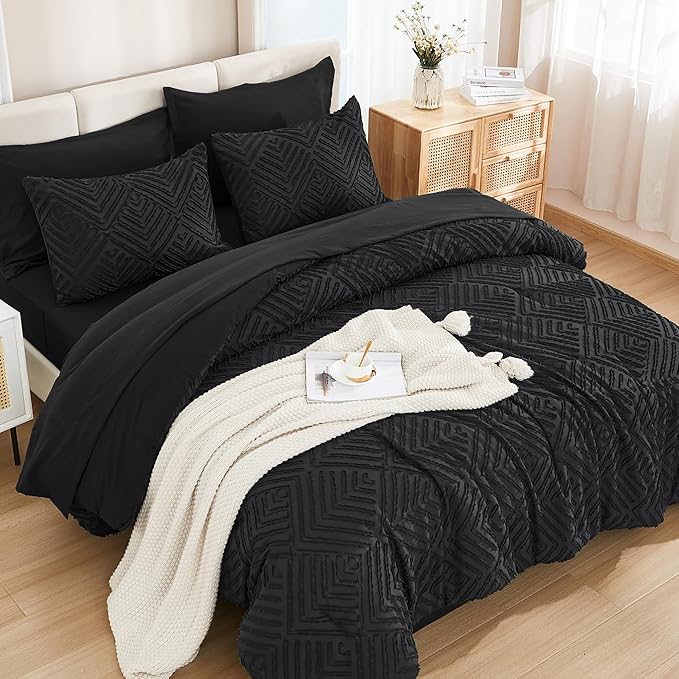 Andency Super King Comforter Set with Sheets Black - 7 Pieces Bed in a Bag Super King Boho Lightweight Fluffy Tufted Bedding Sets with Comforter, Sheets, Pillowcases & Shams