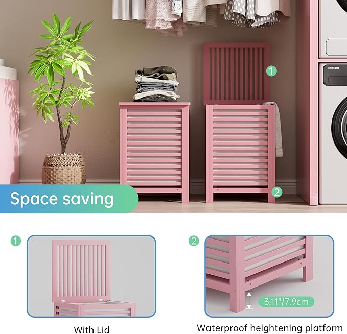 SMIBUY Double Laundry Hamper with Lid, 120L Bamboo Laundry Basket with Removable Liner Bag, 2-Section Clothes Divider Laundry Sorter for Laundry Room, Bathroom, Bedroom (Pink) - Image 5