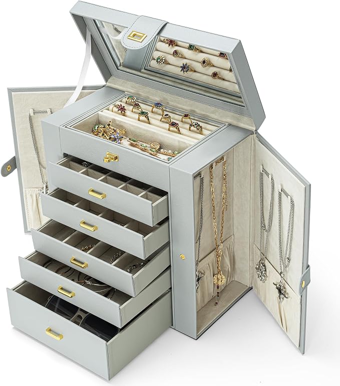 AKOZLIN Extra Large 6-Tier Jewelry Box Organizer Functional Huge, 5 Drawers Leather Jewelry Storage Case for Women Girls Ring Necklace Earring Bracelet Holder Organizer with Mirror Grey - Image 5