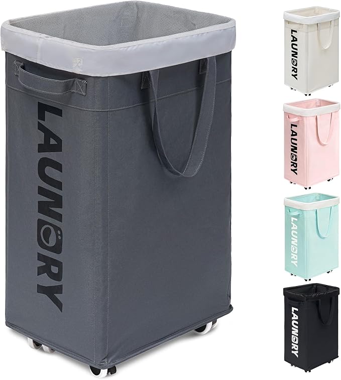 Goodpick Laundry Basket with Wheels, Laundry Hamper with Removable Wash Bag, Clothes Hamper, Rolling Laundry Basket, Dorm Room Essentials, 75L, Grey by Goodpick