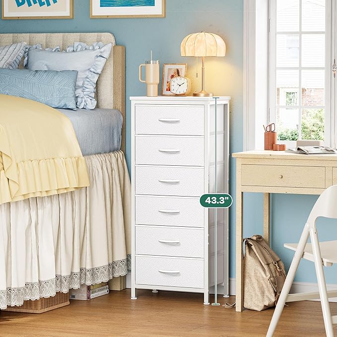 Huuger 43.3 Inch Tall Dresser for Bedroom, 6 Drawer Dresser & Chests of Drawers, Fabric Dresser for Closet, Bedroom, Night Stand, End Table with Metal Frame, Storage Tower with Fabric Bins, White - Image 3