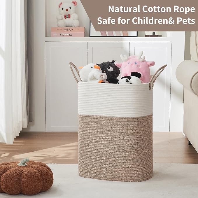 AINUOQI Laundry Basket with Handles - Blanket Basket & Hampers for Bedroom Aesthetic, Laundry Hamper & Blanket Storage for Living Room, Clothes Hamper, Tall, Large 17" x 14" x 26”, White & Rice Brown - Image 7