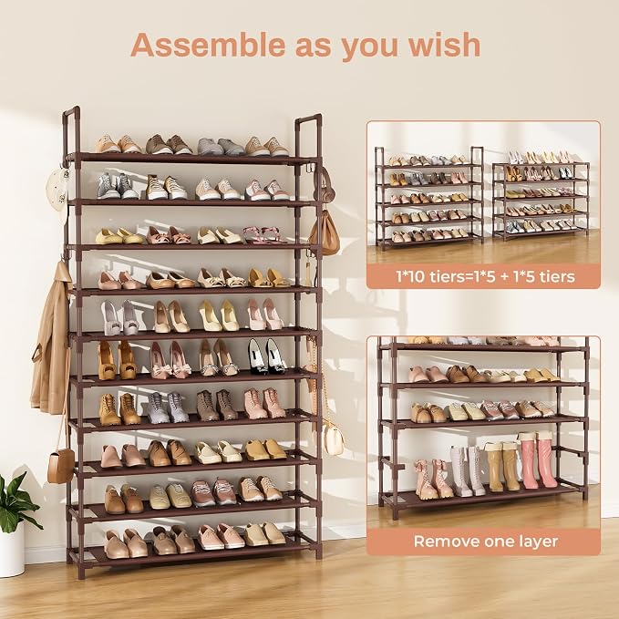 LANTEFUL Tall Shoe Rack 10 Tier Shoe Organizer Large Shoe Shelf with 18 Hooks Storage for 50 Pair Sneaker and Boot, Stackable Vertical Shoe Rack Organizer for Closet, Entryway, Bedroom, Brown - Image 5