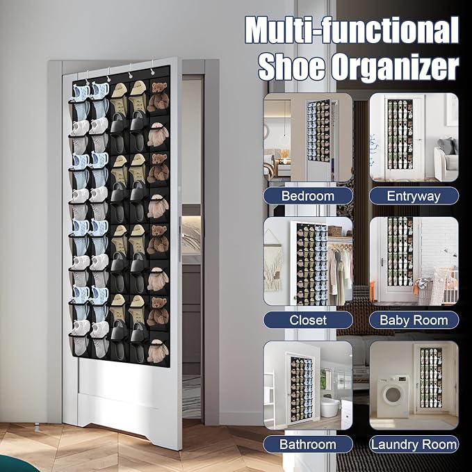 Over the Door Shoe Organizer - 40 Large Breathable Mesh Pockets, Space Saving Hanging Shoe Organizer with Metal Hooks, Hanging Shoe Rack for Men's and Women's Shoes (Black) - Image 6