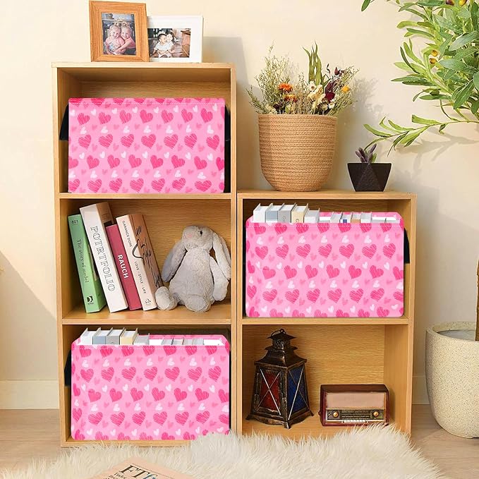 MAIZMZ Girls Storage Basket Heart Print Storage Cube for Women, Closet Shelf Organizer Bins Empty Gift Basket with Handles Girls Nursery hamper Kids Toys Books Box Room Deco - Image 3