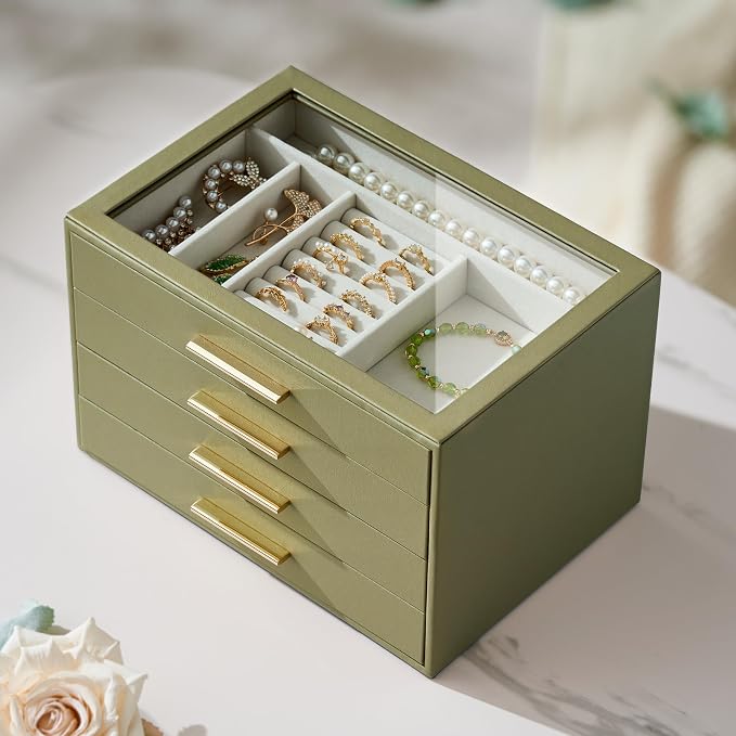 Jewelry Box Organizer Case for Women: 4-Layer Jewelry Storage Case with Glass Window, Olive Green Leather with Cream Velvet, Holder for Ring Necklace Bracelet Brooch Watch, Great Gift for Her - Image 4