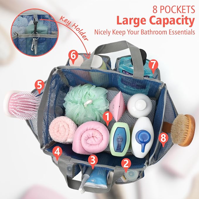 F-color Mesh Shower Caddy Portable - Navy Blue, Upgrade Deeper 7 Pockets Shower Bag Basket Tote for College Dorm Room Toiletry Bathroom Essentials Gym Camp Quick Dry 2 handles with S Hook - Image 7