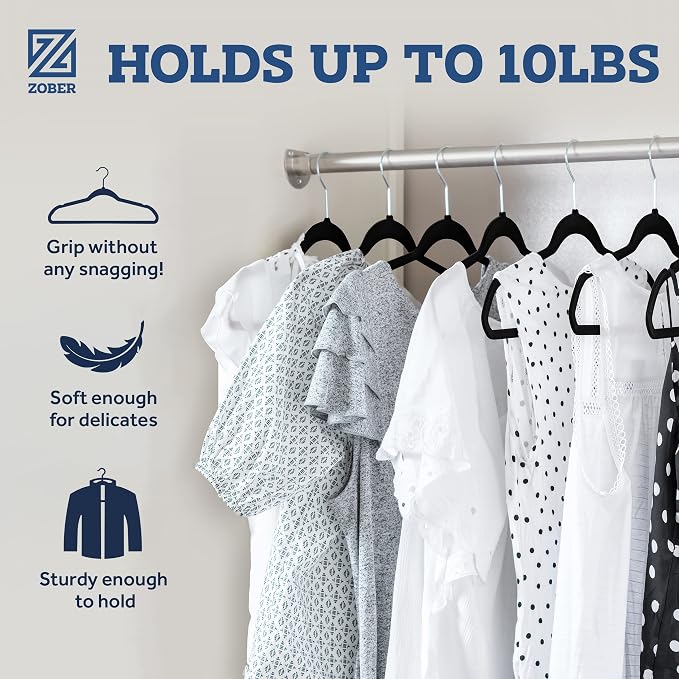 ZOBER Black Velvet Hangers 50 Pack - Clothes Hangers, Coat Hanger for Pants & Dress Clothes - Non Slip w/ 360 Degree Swivel, Holds up to 10 lbs - Strong Felt Hanger for Clothing - Image 4