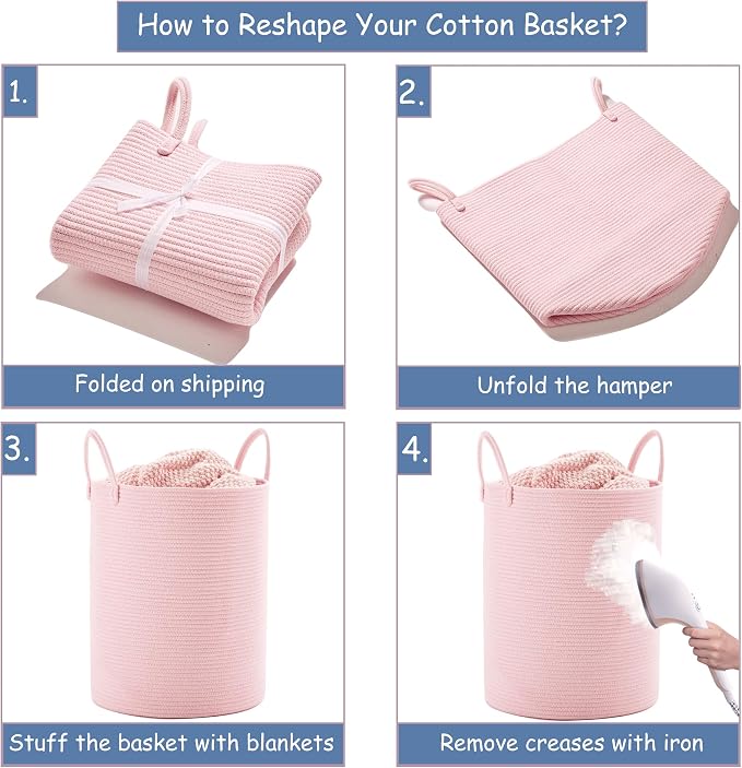 80L Extra Large Pink Hamper Laundry Basket for Baby Girls Tall Nursery Hamper for Kids Woven Rope Clothes Basket for Little Girls Room Bedroom Light Pink Kawaii 16"D x 22"H - Image 7