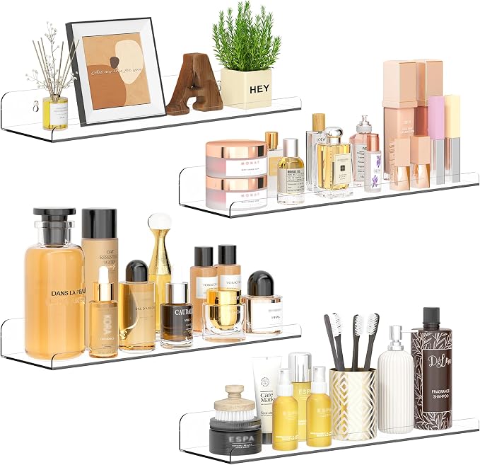 Qukaka Floating Shelves for Wall Decor, 15" Extra Clear Wall Shelves for Bedroom, Living Room, Kitchen, Bathroom Decor, Nail Polish/Book/Decoration/Makeup/Perfume Organizer Floating Shelf-4Pack by QukakaHomeCare