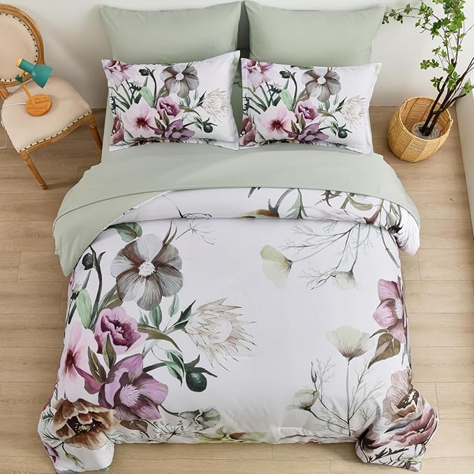 Luxudecor Floral Comforter Set Full Size 7 Piece, Green Flower Bed in a Bag, Elegant Floral Comforter with Sheet Set, Soft Microfiber Bedding Set for All Season (Green, 80"x90")