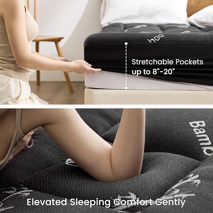 Love's cabin Full Size Mattress Topper Viscose Derived from Bamboo, Thick Pillow Top Mattress Pad with Stretchable Pockets for 8"-20" Mattress, Soft Cooling Mattress Topper for Hot Sleepers, Black