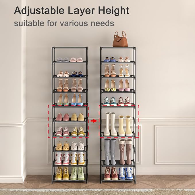 Autonomier 10 Tier Tall Shoe Rack, Non-Woven Fabrics Compact Narrow Shoe Stand Shelf, Vertical Small Space Saving Storage Organizer for Closet Floor, Front Door Entrance, Entryway, Black - Image 4