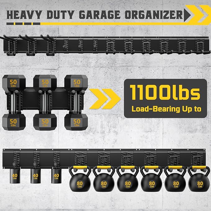 96" Garage Tool Organizer Wall Mount, 1250lbs Heavy Duty Garden Tool Storage Rack with 15 Adjustable Hooks for Yard, Shed, Garage (6 Racks, 15 Hooks, 2 Straps, Steel) - Image 3