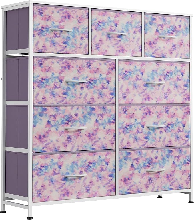 WLIVE 9 Drawer Dresser, Fabric Storage Tower for Bedroom, Hallway, Closet, Tall Chest Organizer Unit for Bedroom with Fabric Bins, Steel Frame, Wood Top, Tie-dye Print (Pink, Purple, Blue) by WLIVE