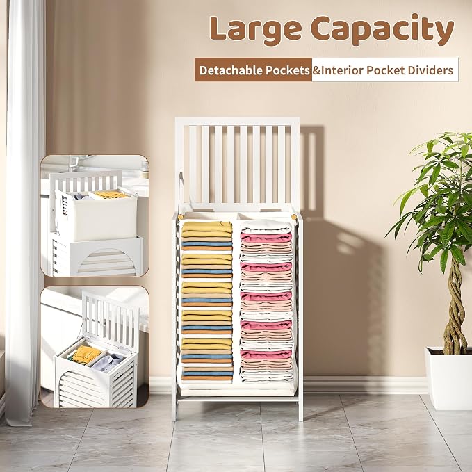 FILWH Laundry Hamper with Lid (16.9 * 13 * 26.5inches) Large Bamboo Laundry Bin Basket 85L Clothes Hamper with 1 Removable Bag Storage baskets for Bathroom (White) - Image 3