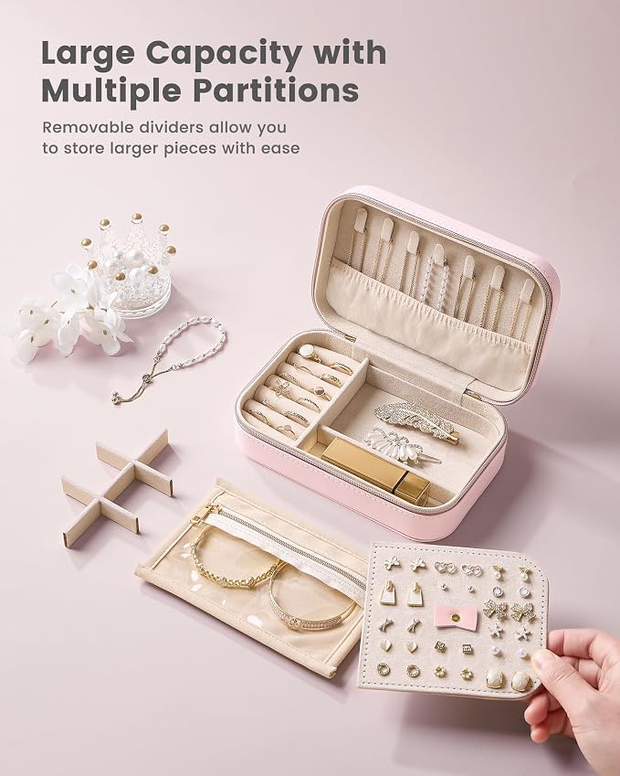 Lolalet Travel Jewelry Case for Women Girls, PU Leather Jewelry Organizer with Clear Storage Bag Small Portable Jewelry Box for Necklace Bracelet Earring Ring Mothers Day Birthday Gifts -Medium/Pink - Image 4