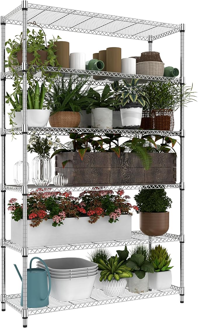 M MZG 6 Tiers Storage Shelves Load 2100LBS, Metal Shelving Wire Metal Shelving Unit Shelves for Storage Adjustable Garage Shelving for Pantry Kitchen Garage Chrome 17.7" D x 47.3" W x 82.4" H by MEIGAOPLASTICANDMETALHKCOLIMITED