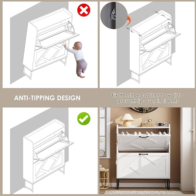 Nicetree Shoe Cabinet with 2 Flip Drawers, Freestanding Shoe Organizer, Shoe Cabinet with Metal Legs, Narrow Shoe Rack Cabinet for Entryway, Foyer, Hallway, White - Image 5