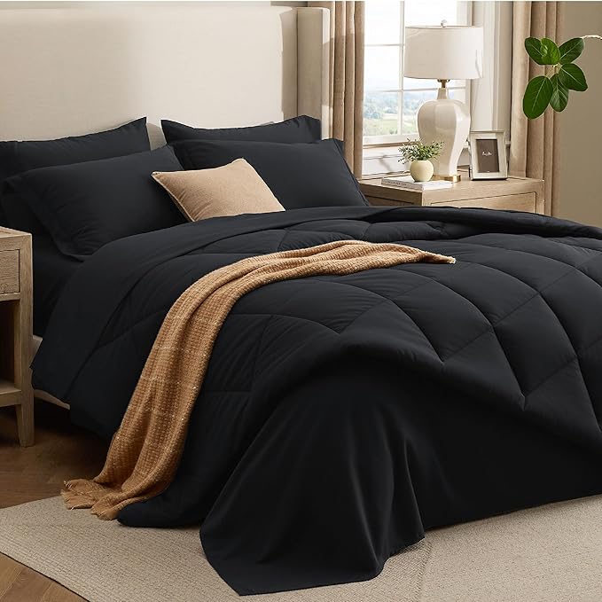Bedsure Premium Series 7 Piece Black Full Comforter Set, Goose Down Alternative, All Season Medium Warmth, Soft Hotel Luxury Bed in a Bag, Safe for Sensitive Skin, Includes Sheets Pillowcases & Shams