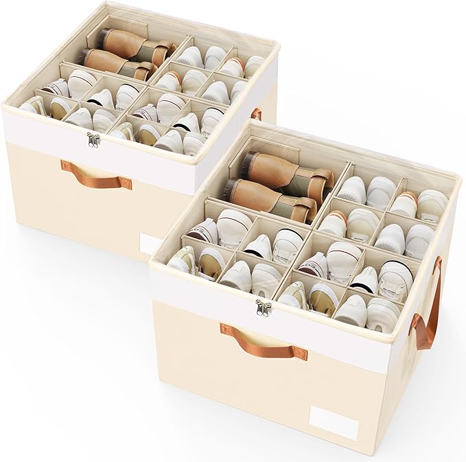 Criusia Shoe Organizer for Closet, 2 Pack Foldable Shoe Storage Organizer Box Bin with Adjustable Dividers and Clear Cover, Closet Shoe Storage for Sneakers Sandals Boots, Fit 16-32 Pairs, Beige by Criusia