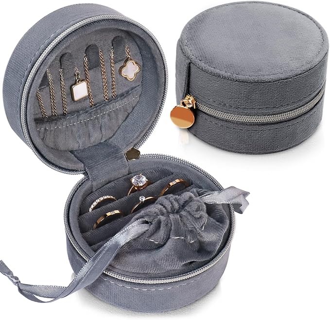 CONBOLA Travel Jewelry Case Small Jewelry Box for Women Girls,Round Velvet Mini Jewelry Travel Organizer,Portable Jewelry Box for Rings Earrings Necklaces Bracelets.(Grey,Small) by CONBOLA