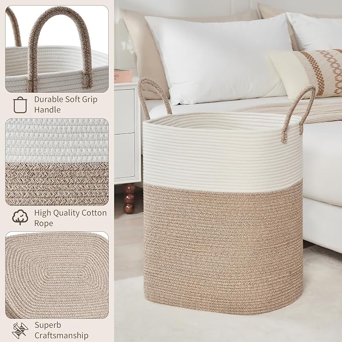 AINUOQI Laundry Basket with Handles - Blanket Basket & Hampers for Bedroom Aesthetic, Laundry Hamper & Blanket Storage for Living Room, Clothes Hamper, Tall, Large 17" x 14" x 26”, White & Rice Brown - Image 3