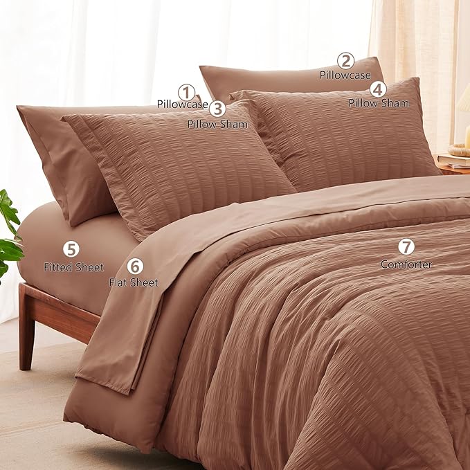 CozyLux Queen Comforter Set Mocha Mousse Seersucker 7 Pieces Bed in a Bag Queen Comforter Set with Sheets, Luxury Bedding Sets with Down Alternative Comforter, Sheets, Pillowcases & Shams All Seasons