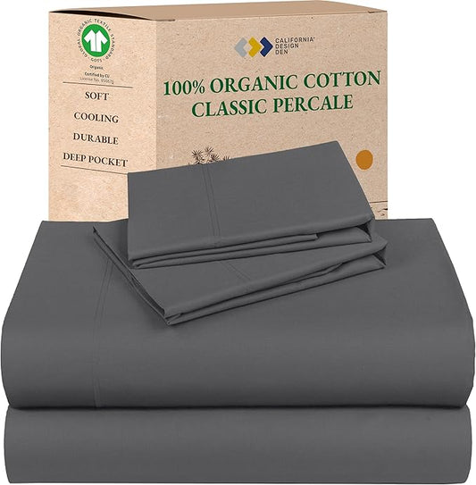 California Design Den Queen Size Sheets - Soft 100% 100% Organic Cotton Sheets with Deep Pockets, Crisp Percale, Breathable and Durable Bedding Set - Grey