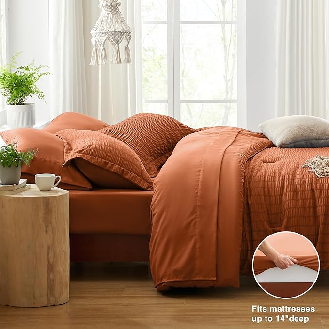 Love's cabin Seersucker Terracotta Twin XL Comforter Set, 5-Piece All Season Lightweight Bed in a Bag Bedding Set with Comforter, Flat Sheet, Fitted Sheet, Pillowcase and Sham | Soft, Breathable, Lightweight