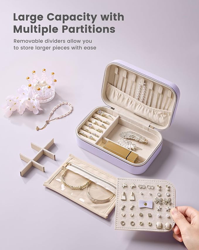 Lolalet Travel Jewelry Case for Women Girls, PU Leather Jewelry Organizer with Clear Storage Bag Small Portable Jewelry Box for Necklace Bracelet Earring Ring Mothers Day Birthday Gifts -Medium/Purple - Image 4