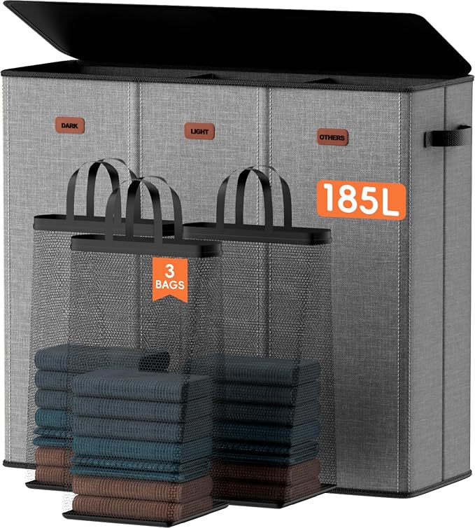 185L Laundry Hamper 3 Section, Laundry Hamper with Lid, Dirty Clothes Hamper with 3 Removable Washing Bags, Extra Large Laundry Basket Organizer for Bedroom, Laundry Room, Dorm - Gray by Vexalora